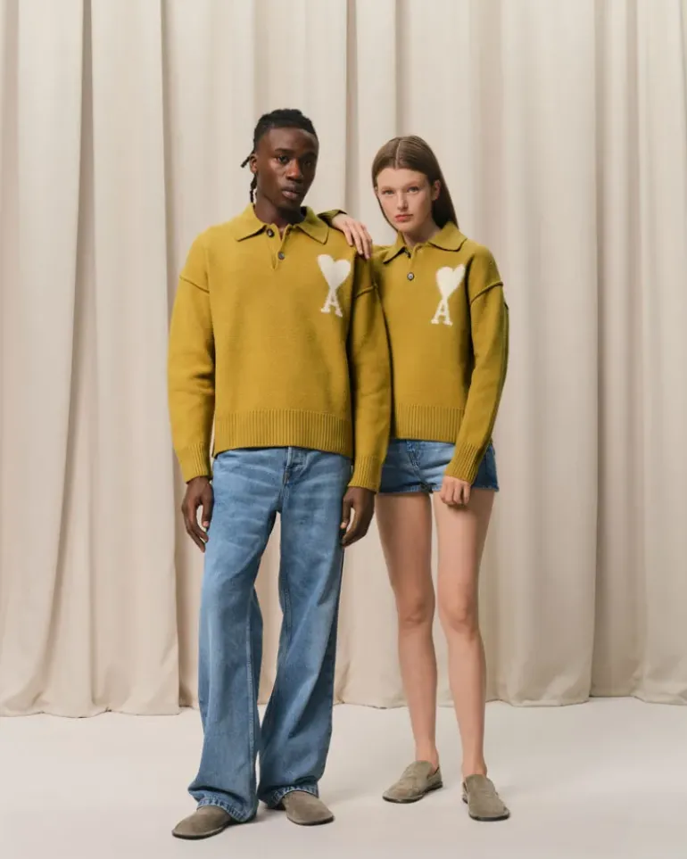 Ami Paris Mustard Wool Ami de Coeur Polo HAVANA/OFFWHITE Sale