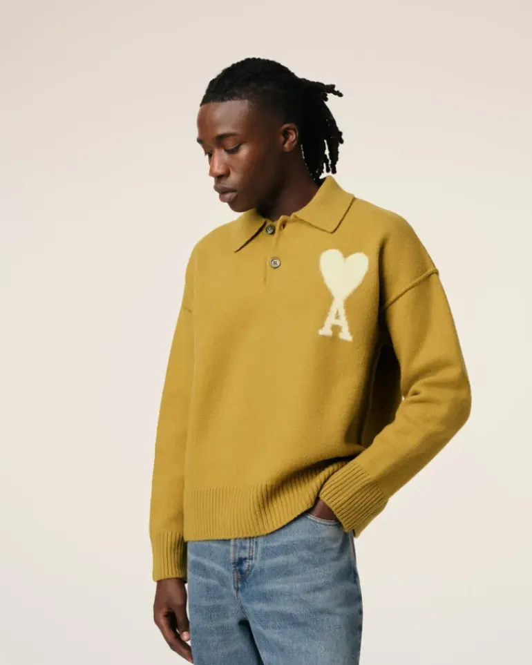 Ami Paris Mustard Wool Ami de Coeur Polo HAVANA/OFFWHITE Sale