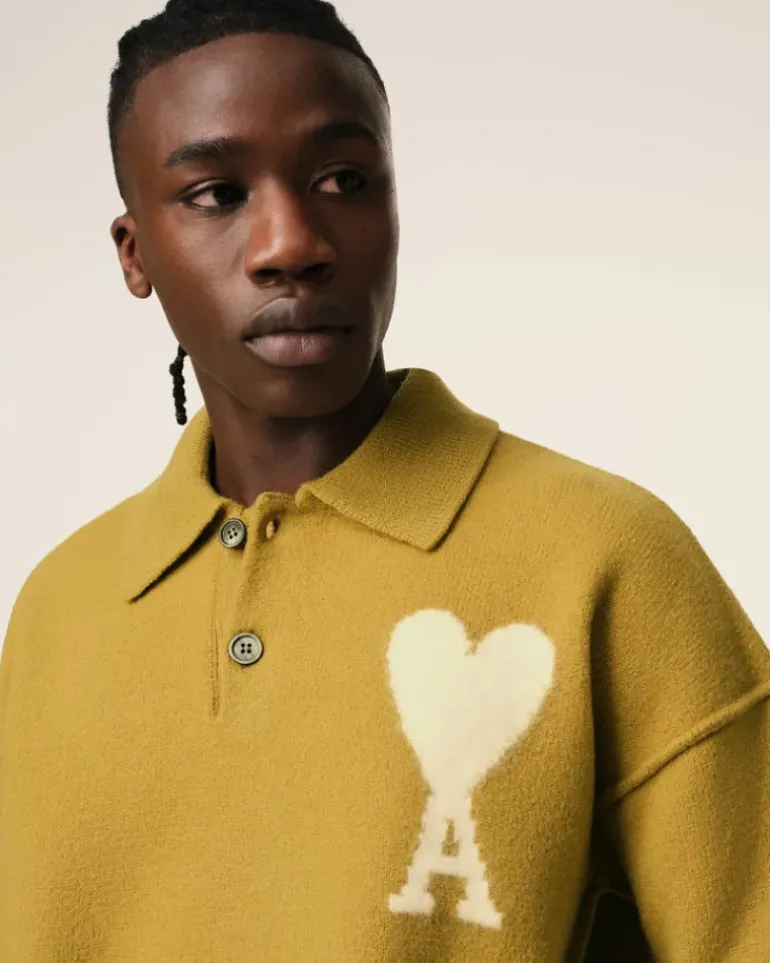 Ami Paris Mustard Wool Ami de Coeur Polo HAVANA/OFFWHITE Sale