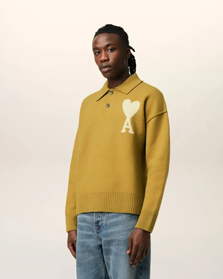 Ami Paris Mustard Wool Ami de Coeur Polo HAVANA/OFFWHITE Sale