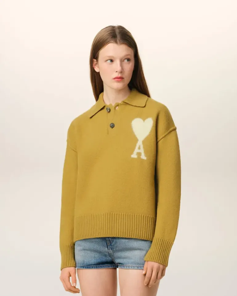 Ami Paris Mustard Wool Ami de Coeur Polo HAVANA/OFFWHITE Sale