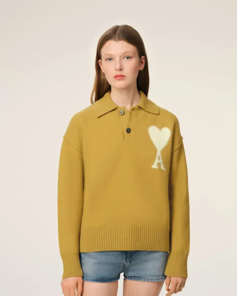 Ami Paris Mustard Wool Ami de Coeur Polo HAVANA/OFFWHITE Sale