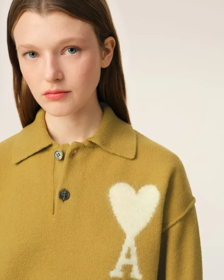 Ami Paris Mustard Wool Ami de Coeur Polo HAVANA/OFFWHITE Sale