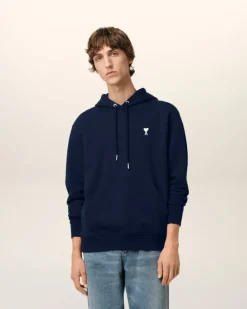 Ami Paris Navy Cotton Ami de Coeur Hoodie NIGHT BLUE Hot