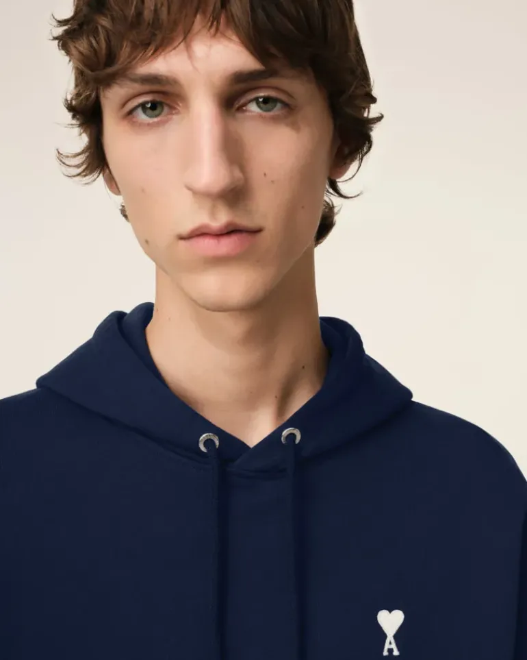 Ami Paris Navy Cotton Ami de Coeur Hoodie NIGHT BLUE Hot