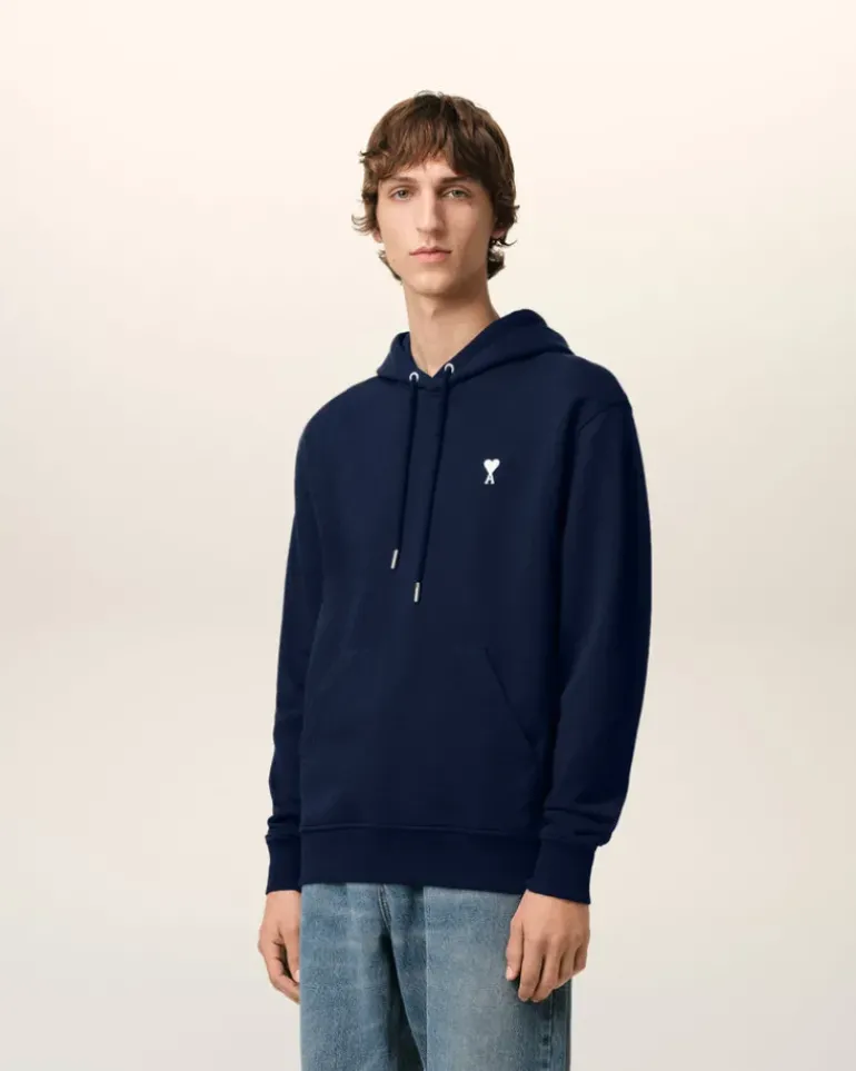 Ami Paris Navy Cotton Ami de Coeur Hoodie NIGHT BLUE Hot