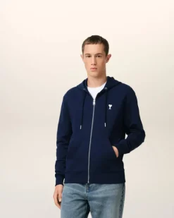 Ami Paris Navy Cotton Ami de Coeur Hoodie NIGHT BLUE Outlet