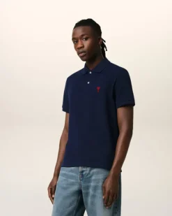 Ami Paris Navy Cotton Ami de Coeur Polo Shirt NIGHT BLUE Online