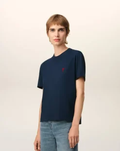 Ami Paris Navy Cotton Ami de Coeur T-Shirt NIGHT BLUE Cheap