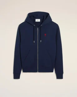 Ami Paris Navy Cotton Ami de Coeur Zipped Hoodie NIGHT BLUE Outlet