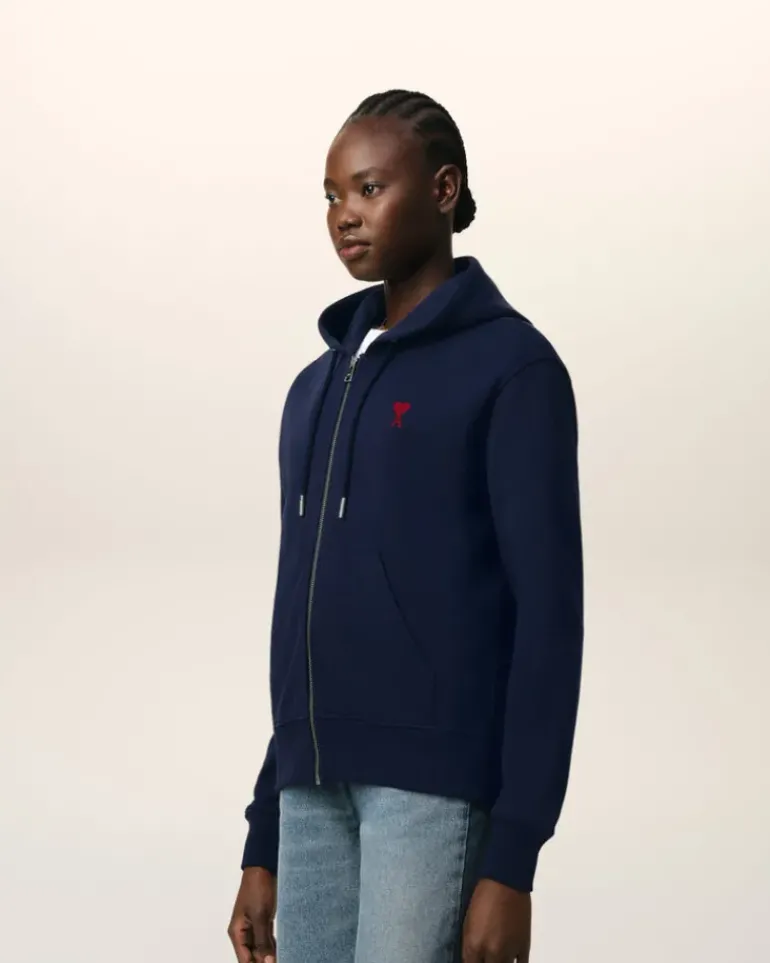 Ami Paris Navy Cotton Ami de Coeur Zipped Hoodie NIGHT BLUE Outlet