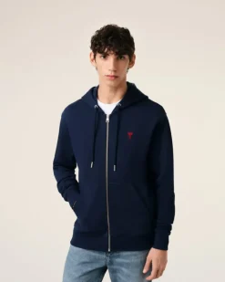Ami Paris Navy Cotton Ami de Coeur Zipped Hoodie NIGHT BLUE Outlet