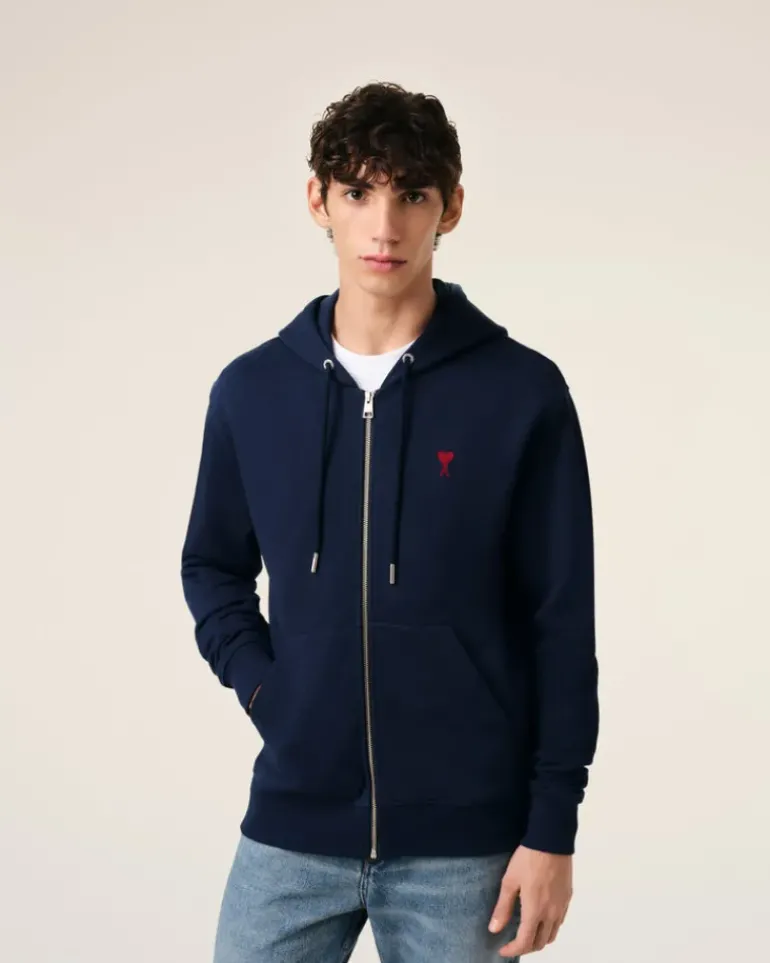 Ami Paris Navy Cotton Ami de Coeur Zipped Hoodie NIGHT BLUE Outlet