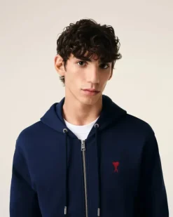 Ami Paris Navy Cotton Ami de Coeur Zipped Hoodie NIGHT BLUE Outlet