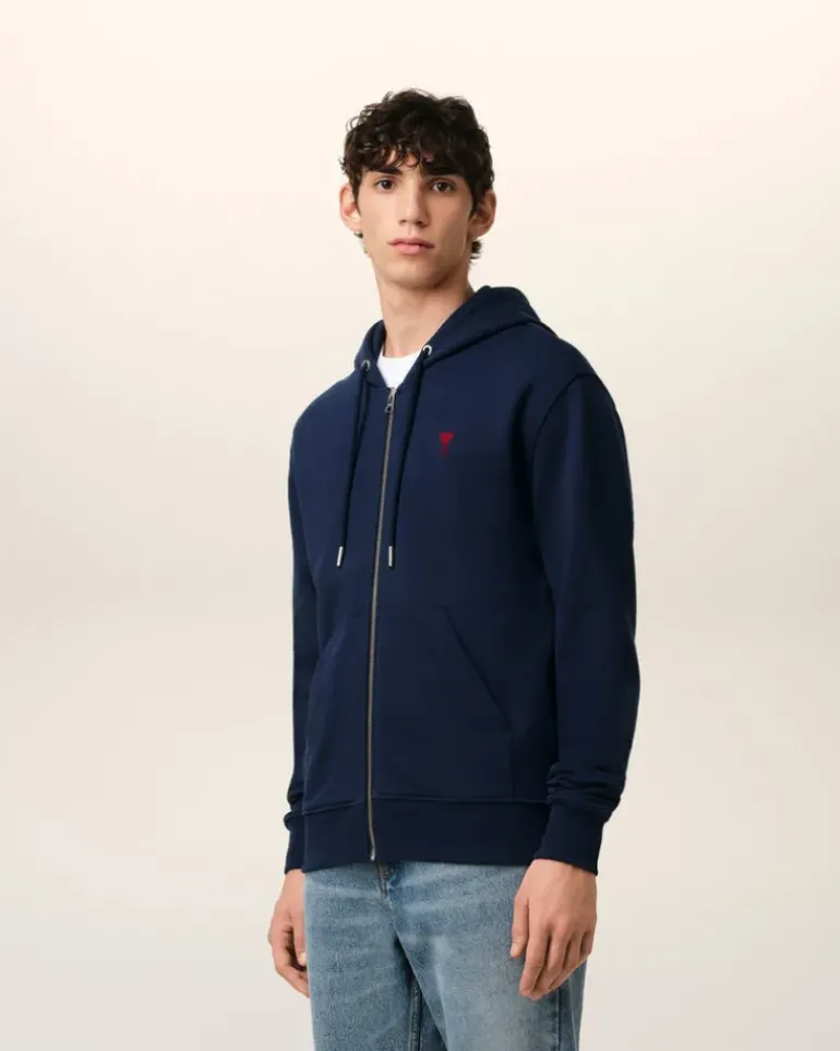 Ami Paris Navy Cotton Ami de Coeur Zipped Hoodie NIGHT BLUE Outlet