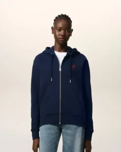 Ami Paris Navy Cotton Ami de Coeur Zipped Hoodie NIGHT BLUE Outlet