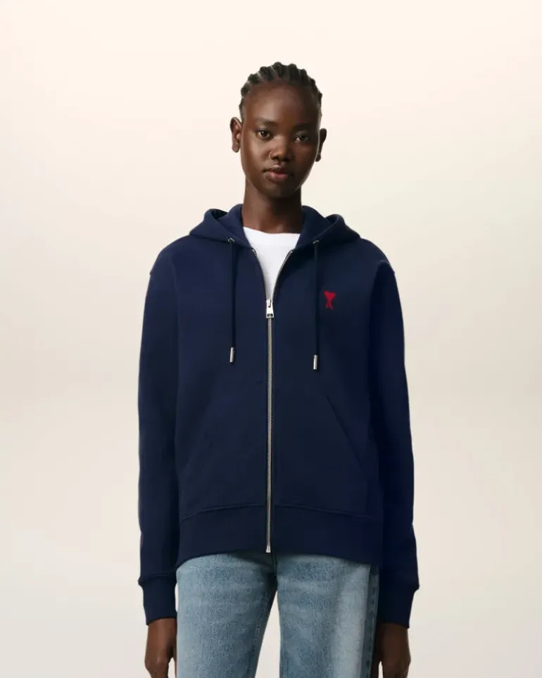 Ami Paris Navy Cotton Ami de Coeur Zipped Hoodie NIGHT BLUE Outlet