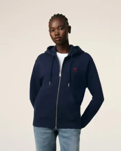 Ami Paris Navy Cotton Ami de Coeur Zipped Hoodie NIGHT BLUE Outlet