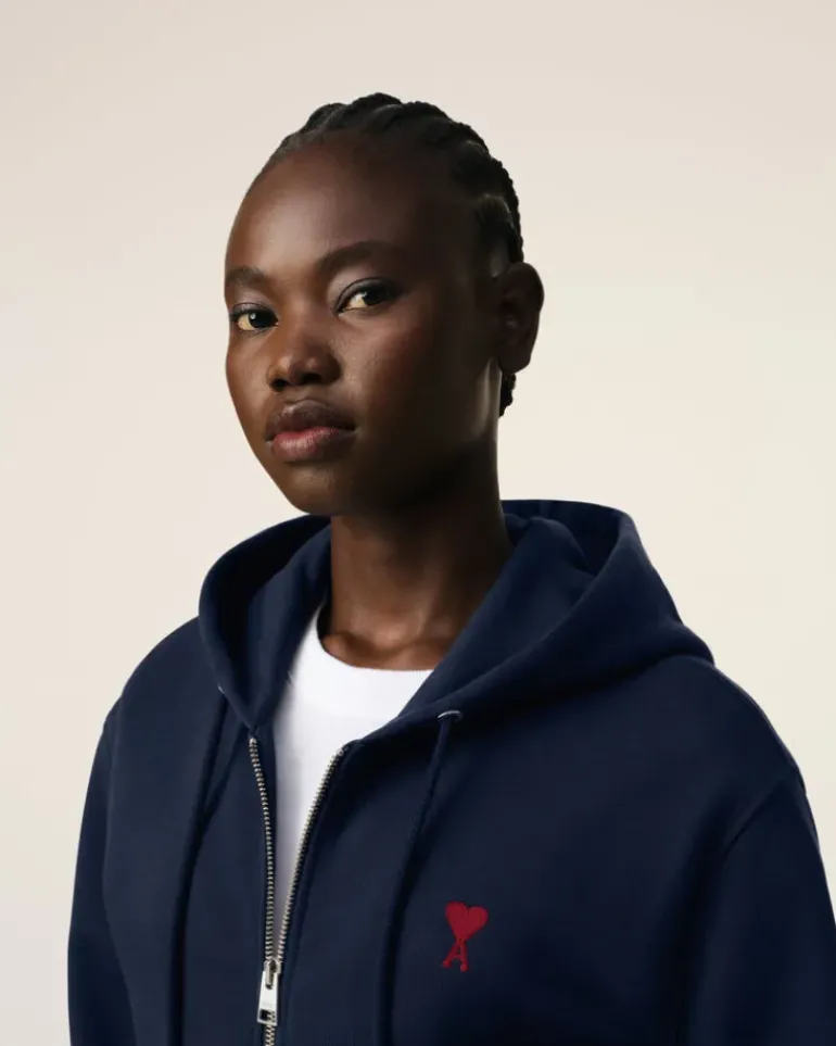 Ami Paris Navy Cotton Ami de Coeur Zipped Hoodie NIGHT BLUE Outlet