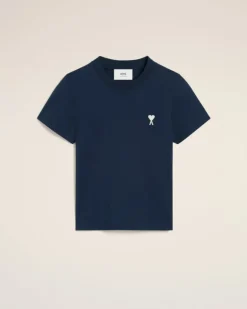 Ami Paris Navy Cotton Cropped T-Shirt NIGHT BLUE Flash Sale