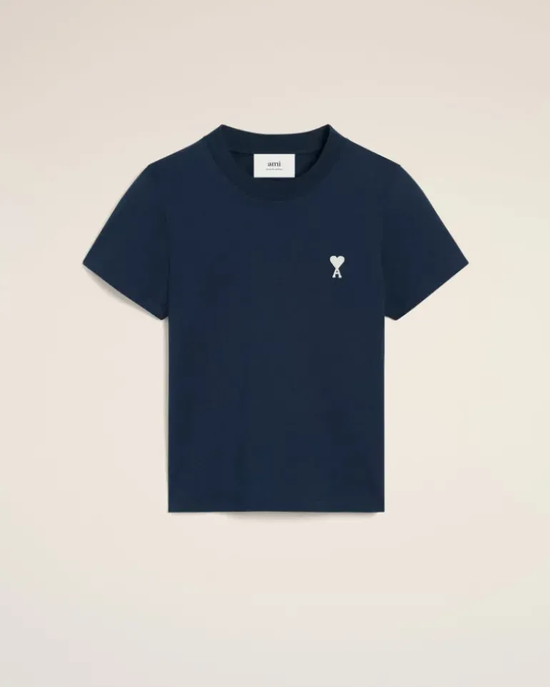 Ami Paris Navy Cotton Cropped T-Shirt NIGHT BLUE Flash Sale