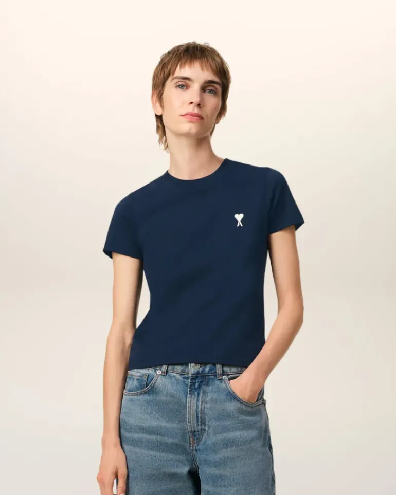 Ami Paris Navy Cotton Cropped T-Shirt NIGHT BLUE Flash Sale
