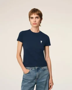 Ami Paris Navy Cotton Cropped T-Shirt NIGHT BLUE Flash Sale
