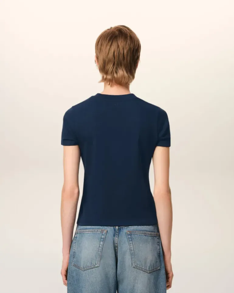 Ami Paris Navy Cotton Cropped T-Shirt NIGHT BLUE Flash Sale