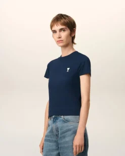 Ami Paris Navy Cotton Cropped T-Shirt NIGHT BLUE Flash Sale