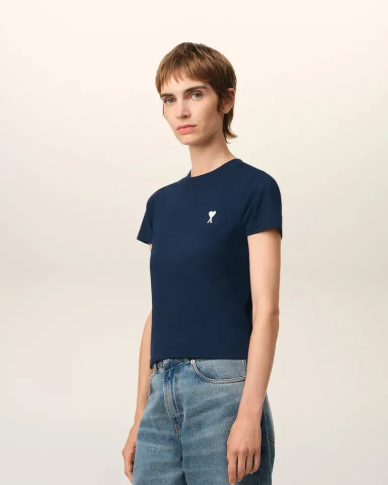 Ami Paris Navy Cotton Cropped T-Shirt NIGHT BLUE Flash Sale