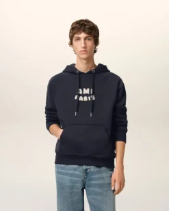 Ami Paris Navy Cotton Hoodie With Patch NAVY BLUE New