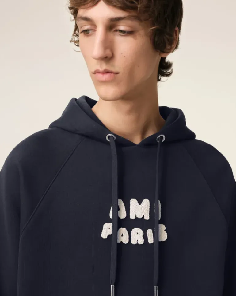 Ami Paris Navy Cotton Hoodie With Patch NAVY BLUE New