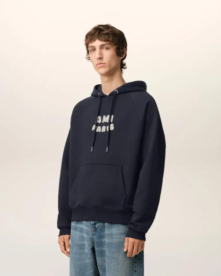Ami Paris Navy Cotton Hoodie With Patch NAVY BLUE New