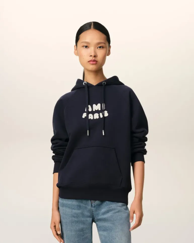 Ami Paris Navy Cotton Hoodie With Patch NAVY BLUE New