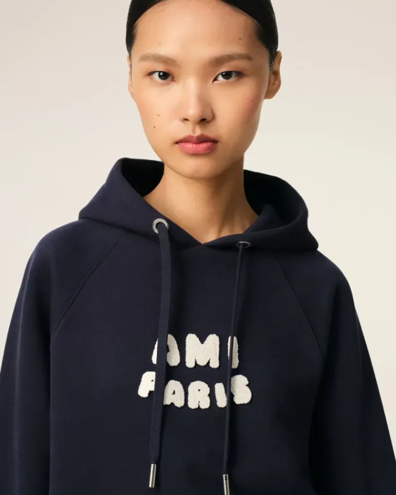 Ami Paris Navy Cotton Hoodie With Patch NAVY BLUE New