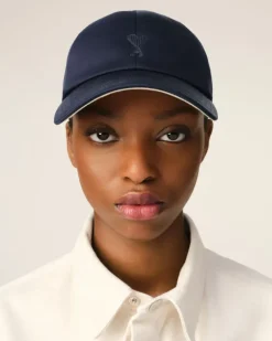 Ami Paris Navy Cotton Tonal Ami de Coeur Embroidery Cap NAVY BLUE/GINGER Discount
