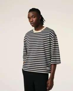 Ami Paris Navy Recycled Cotton Loose Striped T-Shirt NAVY BLUE/WHITE CREAM Best