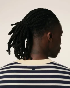 Ami Paris Navy Recycled Cotton Loose Striped T-Shirt NAVY BLUE/WHITE CREAM Best