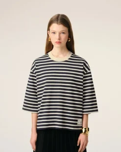 Ami Paris Navy Recycled Cotton Loose Striped T-Shirt NAVY BLUE/WHITE CREAM Best