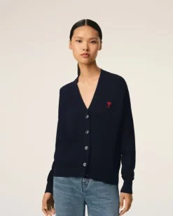 Ami Paris Navy Wool Ami de Coeur Cardigan NIGHT BLUE Online