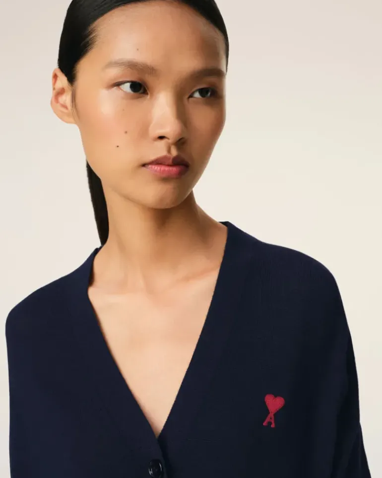 Ami Paris Navy Wool Ami de Coeur Cardigan NIGHT BLUE Online