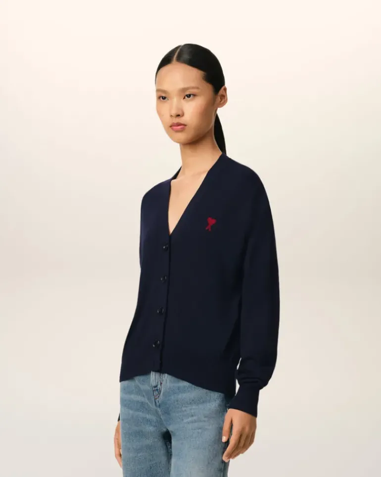 Ami Paris Navy Wool Ami de Coeur Cardigan NIGHT BLUE Online