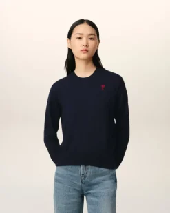 Ami Paris Navy Wool Ami de Coeur Crew Neck Sweater NIGHT BLUE New