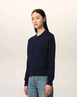 Ami Paris Navy Wool Ami de Coeur Crew Neck Sweater NIGHT BLUE New