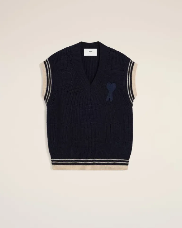 Ami Paris Navy Wool Ribbed Sleeveless V Neck Sweater NAVY BLUE Clearance
