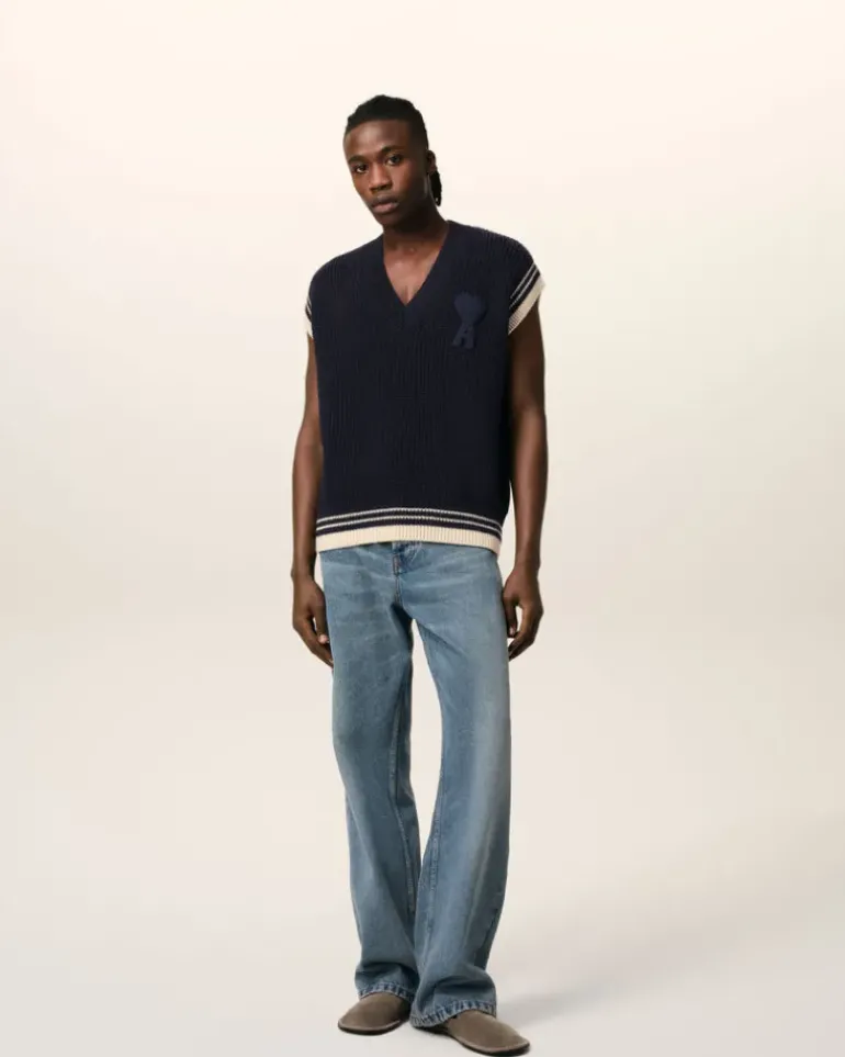 Ami Paris Navy Wool Ribbed Sleeveless V Neck Sweater NAVY BLUE Clearance
