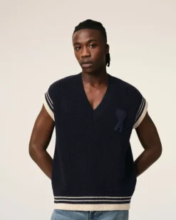 Ami Paris Navy Wool Ribbed Sleeveless V Neck Sweater NAVY BLUE Clearance