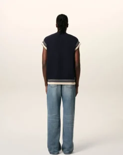 Ami Paris Navy Wool Ribbed Sleeveless V Neck Sweater NAVY BLUE Clearance