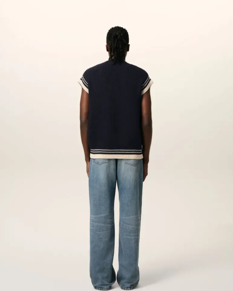 Ami Paris Navy Wool Ribbed Sleeveless V Neck Sweater NAVY BLUE Clearance