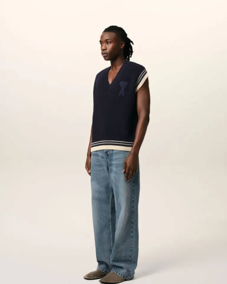 Ami Paris Navy Wool Ribbed Sleeveless V Neck Sweater NAVY BLUE Clearance